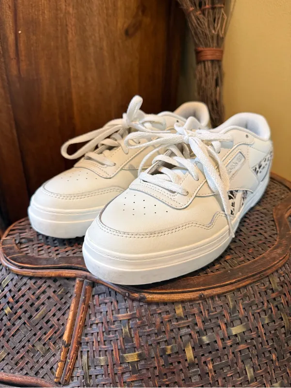 Reebok Cream Sneakers with Black & Cream Leopard Trim - Image 2