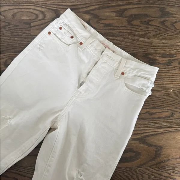 Levi’s high waisted white wedgie straight leg raw hem button fly jean pants 26 - Image 5
