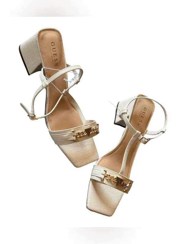 NEW Guess Off White Square Toe Chain Sandals T-Strap Heeled Mules with Gold - Image 6