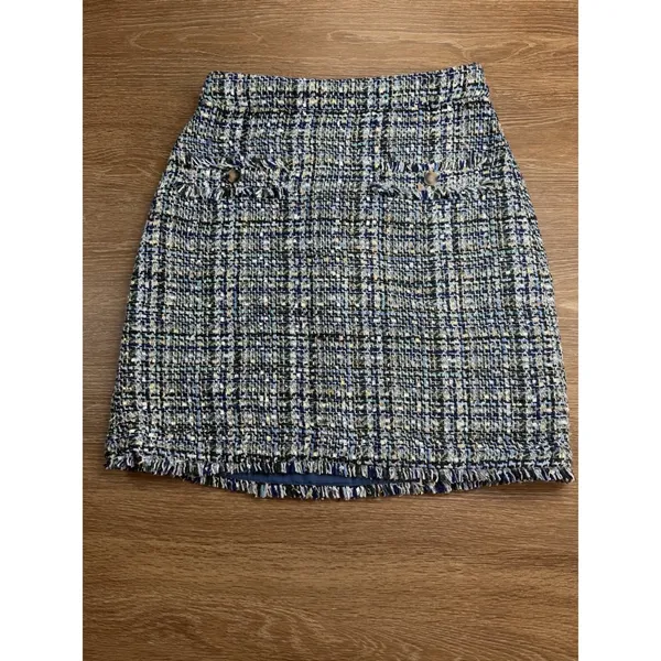 Ann Taylor Tweed Skirt Women 2 Blue Green Boucle A-Line Mini Fringe Pockets - Image 3