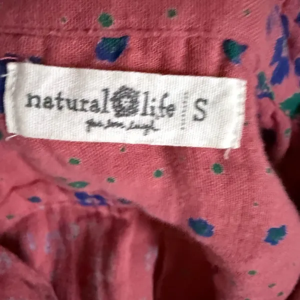 NATURAL LIFE Pink Floral Button-Front Long Sleeve Dress Cotton Oversized Pockets - Image 5