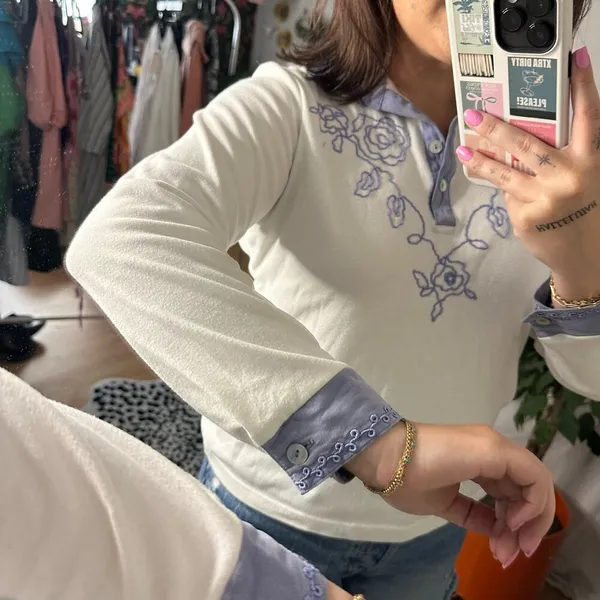 Vintage Embroidered Western Long Sleeve Polo Top White Size PS - Image 2
