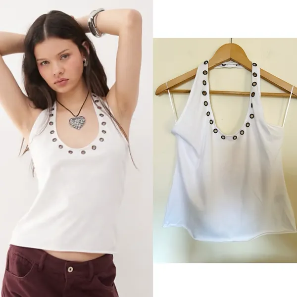 Weekday Halterneck Tank Top Womens Sz Medium‎ White with Silver Eyelet detail - Image 2