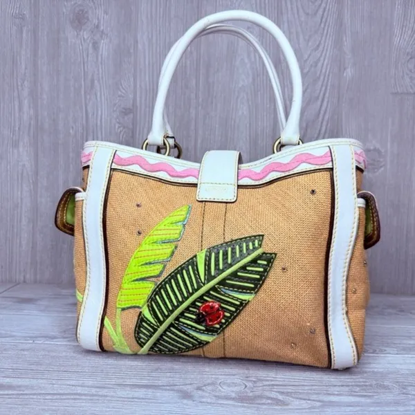 Vintage rare Coach Straw ladybug leaf tote bag purse rhinestone handbag summer - Image 9