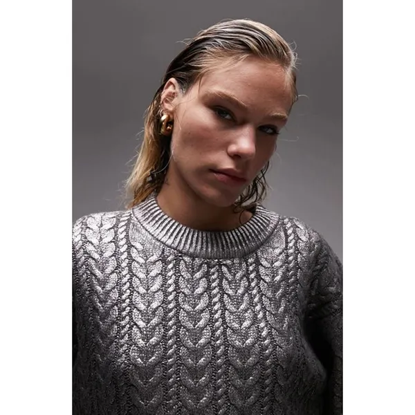 Topshop Premium Womens S Metallic Gray Chunky Knit Oversized Sweater Pullover - Image 5