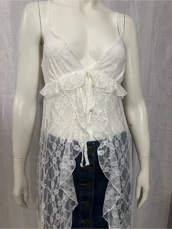 Madden Girl White Lace Ruffle Tie-Front Maxi Top Duster Small Boho Coquette - Image 4
