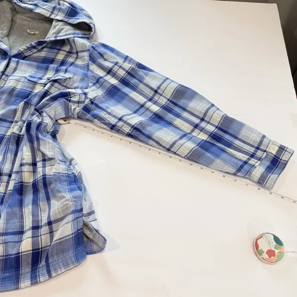 LL Bean Blue Plaid Sherpa Lined Flannel Hoodie Shirt Jacket Shacket Pockets 3X - Image 8