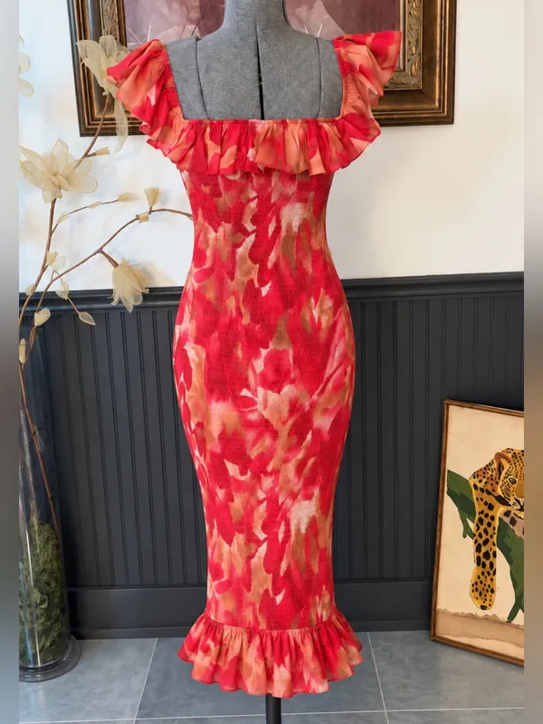 Sage + Paige Floral Smocked Ruffle Off Shoulder Midi Dress Red Sz S🧡🍄 - Image 3