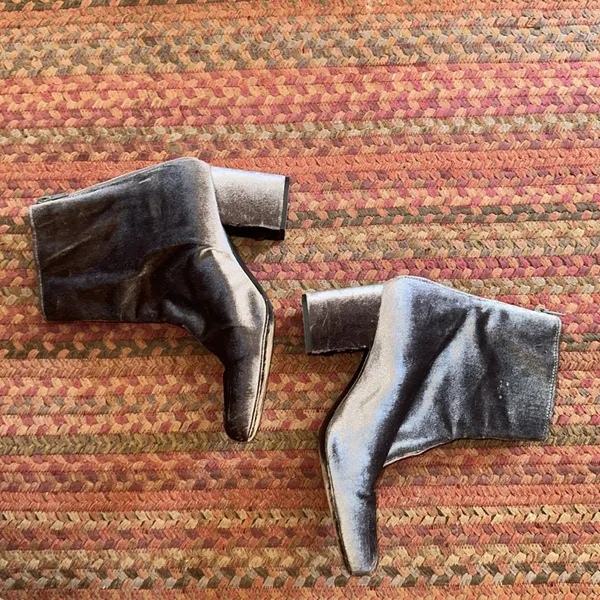 Free People Grey Velvet Booties Chunky Heel Zip Up Ankle - Image 3