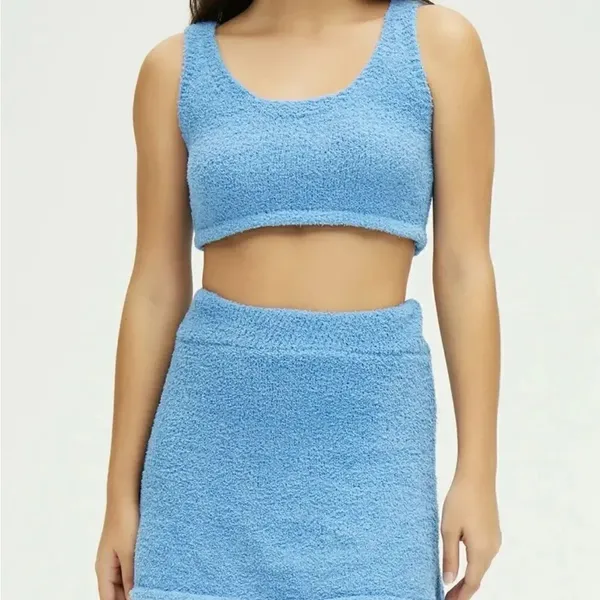 NWT Cider Fuzzy Blue Fleece Knit scoop crop top & mini skirt matching set S/4 - Image 3