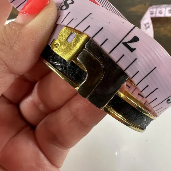 Loewe Gold Tone Black Leather Hinged Bangle Cuff Bracelet 7in Logo Designer - Image 15