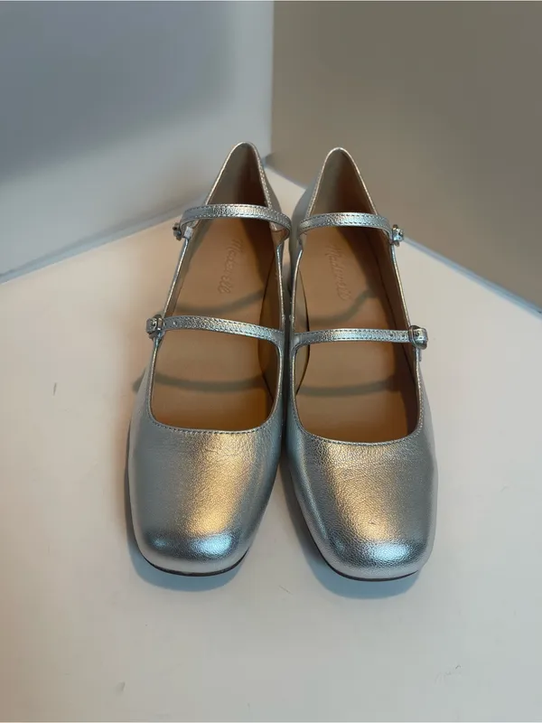 Madewell Silver Metallic Leather Double Strap Nettie Heeled Mary Jane Shoes 8.5 - Image 6