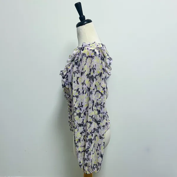 Free People Mabel Lilac Combo Purple Yellow Floral Sheer Puff Sleeve Top Large - Image 4