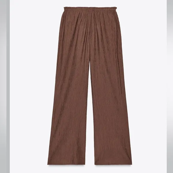 Zara NWT textured weave tan brown wide leg pants - Image 2