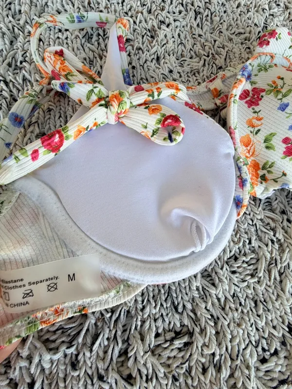 Amazon Light Beige Padded Colorful Floral Back-Tie Swim Top | Size Medium - Image 3