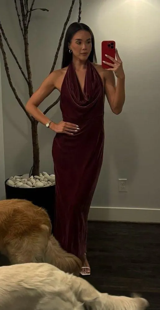 Zara maxi holiday dress velour Velvet Halter in Burgundy wedding party evening - Image 3