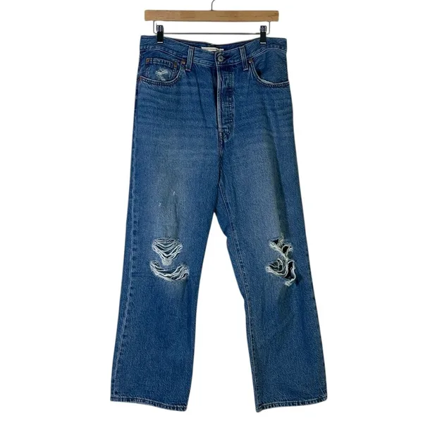 Levi's Ribcage Straight Ankle Jeans Medium Wash High Rise Distressed Size 30 - Image 2