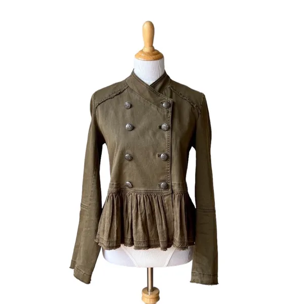 Free People Peplum Military Olive Green Ruffled Hem Double Breasted Jacket XS - Image 6