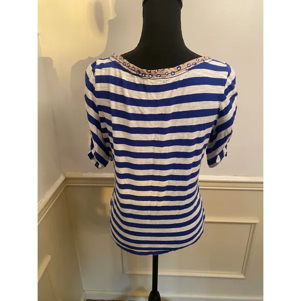 Anthropologie Postmark Blue White Striped Mixed Media Pocket Tee Ruched Sleeve - Image 5