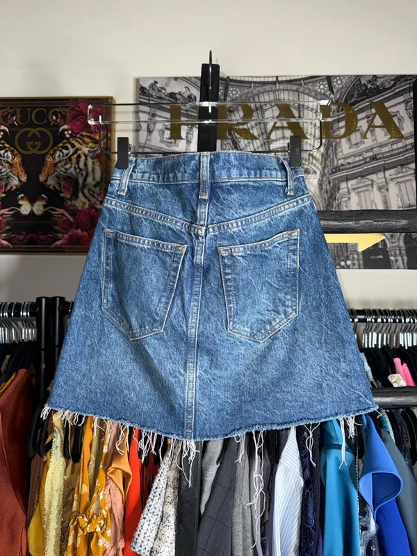 Reformation Nina Denim Mini Skirt High Rise Frayed Hem Blue Wash Womens 25 EUC - Image 9