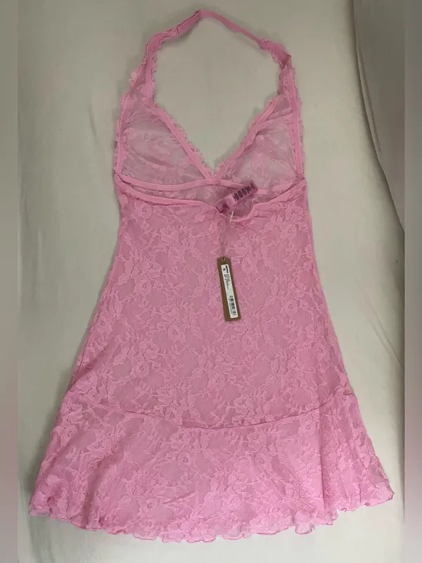SKIMS Stretch Lace Halter Slip Chemise Dress Cotton Candy Pink Size XS - Image 4