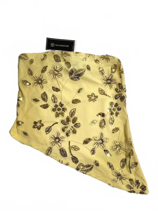 Yellow Sequin Floral Embroidered Strapless Asymmetric Top - Image 2