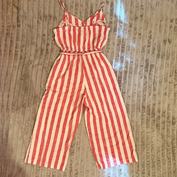 Kensie Jeans Red White Striped Linen Blend Wide Leg Cropped Jumpsuit Medium - Image 7