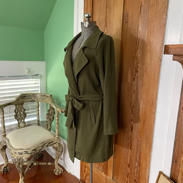 SOPHIE RUE Classic Lightweight Belted Lightweight Olive Green Trench Coat~XL - Image 5