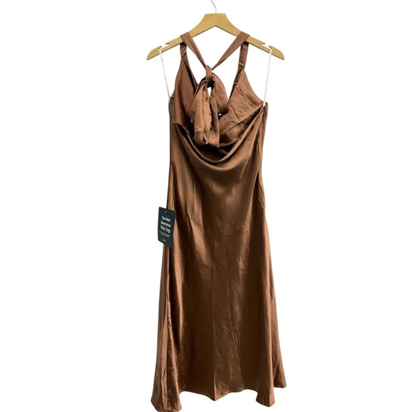 Lulus Sophisticated Impression Brown Satin Backless Cowl Midi Dress size L NWT - Image 3