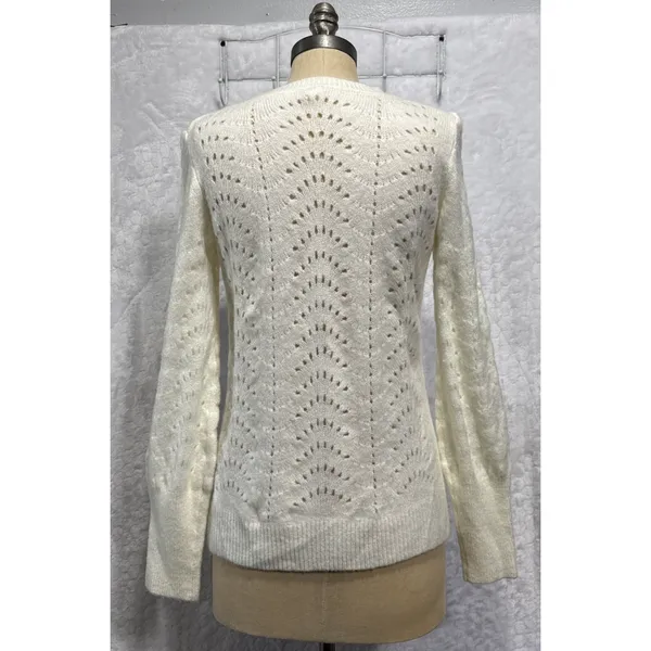 Gap Womens Pointelle Knit Pullover Sweater Crew Neck Ivory Long Sleeve Top M - Image 2