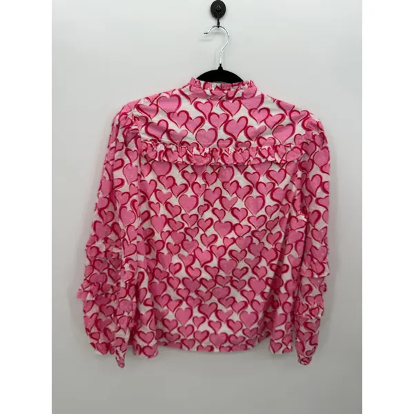 Crown & Ivy Womens Large Pink White Heart Print Ruffle Clip Dot Cotton Blouse - Image 3
