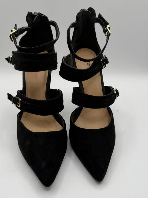 JustFab Kamryn Heels 7.5 Black Strappy Pointed Toe Stiletto Buckle Goth - Image 2