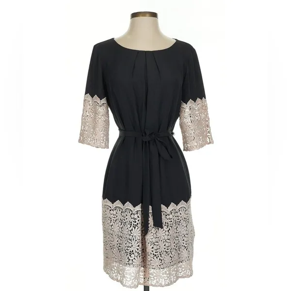 Gianni Bini Black Lace Trim Belted Dress Romantic Chic Feminine Aesthetic Small‎ - Image 2