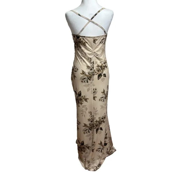 Beige Floral‎ Satin Maxi Long Slip Dress Y2K Vtg-look Evening Glam Romantic Sz 6 - Image 3