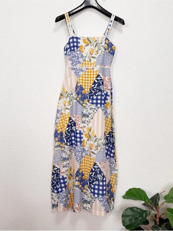 Moon River Patchwork Print Cotton Midi Dress Off White Multi $108 Small - Image 2