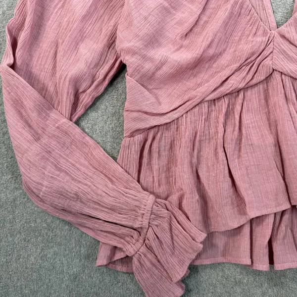 Free People Women's XS Pink Ruched Deep V-Neck Daia Top Peplum Long Sleeve - Image 6