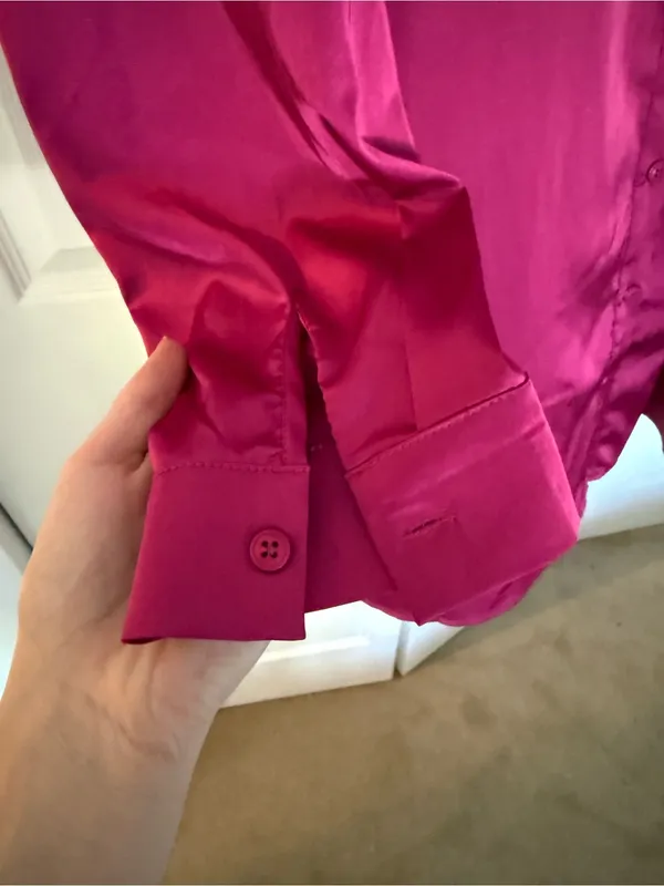 12th Tribe Hot Pink Satin Shiny Shirt Dress Button Down Collared Mini Large - Image 3