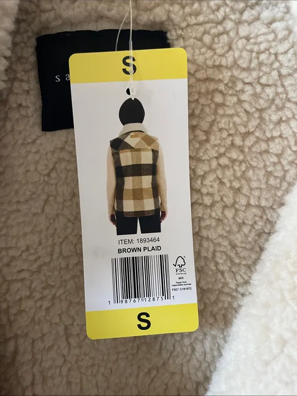 NWT Sanctuary Plush Sherpa-Collar Plaid Vest in Cream & Brown Front Zipper - S - Image 3