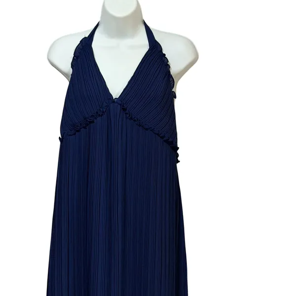 Lulus Navy Blue Pleated Halter Open Back Midi Dress XL Ruffle Trim Wedding Guest - Image 5