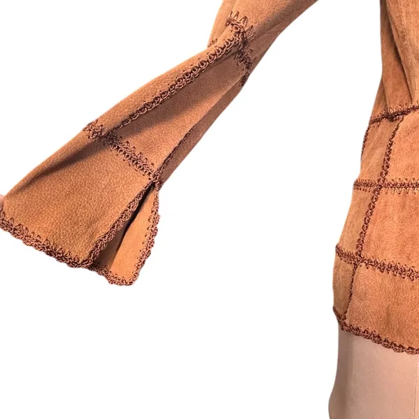 Vintage Brown Suede Tie Front Jacket Boho Western Patchwork Y2K Festival Hippie - Image 6