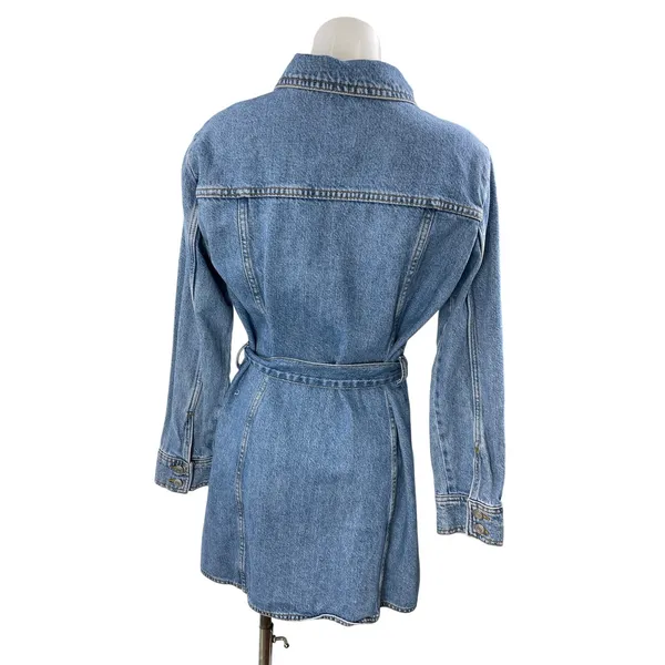 Zara Women's Blue Long Sleeve Tie Waist Button Up Denim Jean Shirt Dress Size L - Image 3