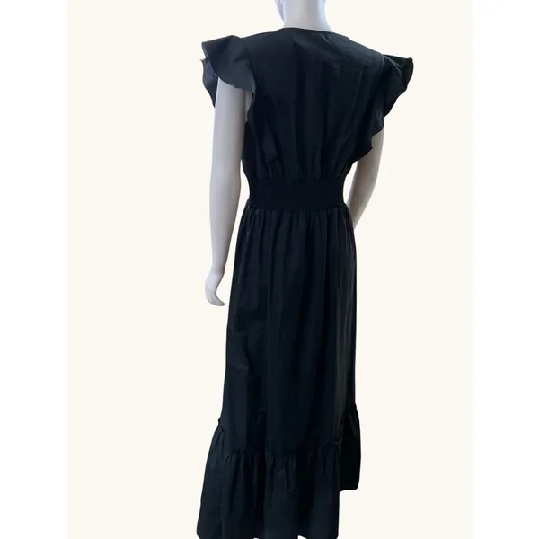 Molly Bracken Black Cotton Ruffle Maxi Dress Smocked Waist V-Neck‎ Size M - Image 6