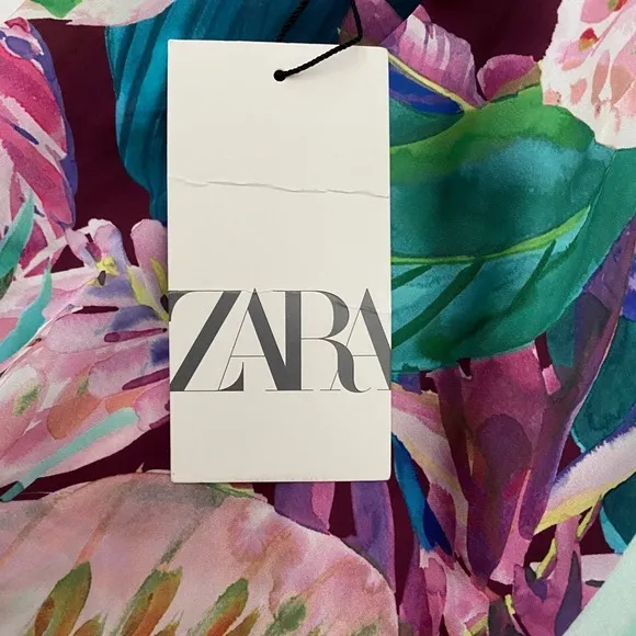 ZARA Multicolor Satin Effect Tropical Scarf Print V- Neck Midi Dress - S‎ NWT - Image 15