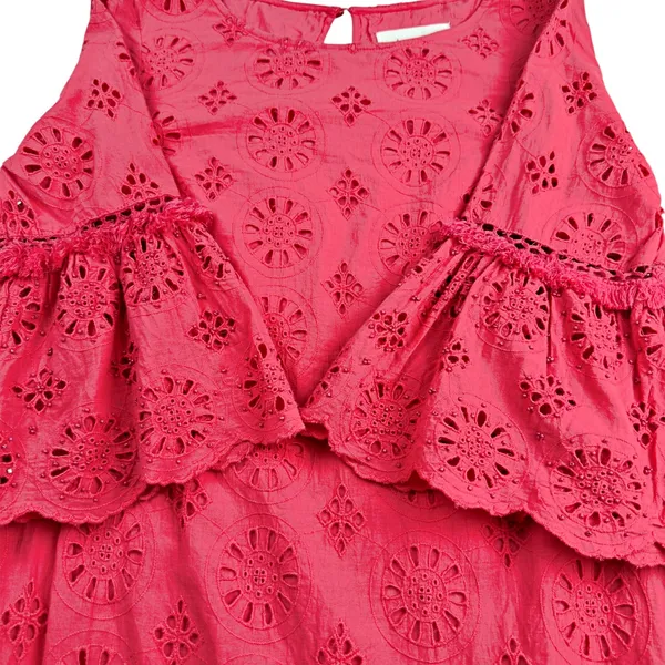 by Anthropologie Dani Coral Red Lace Eyelet Bell Sleeve Ruffle Dress Sz 0 - Image 7