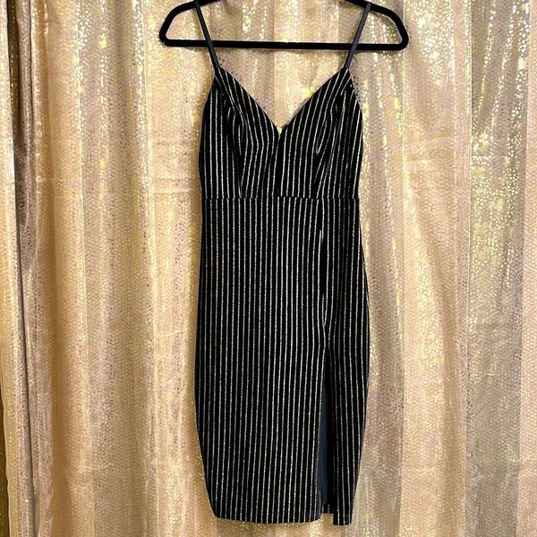 Windsor black velvet and gold glitter pinstripe pencil dress, size S - Image 2