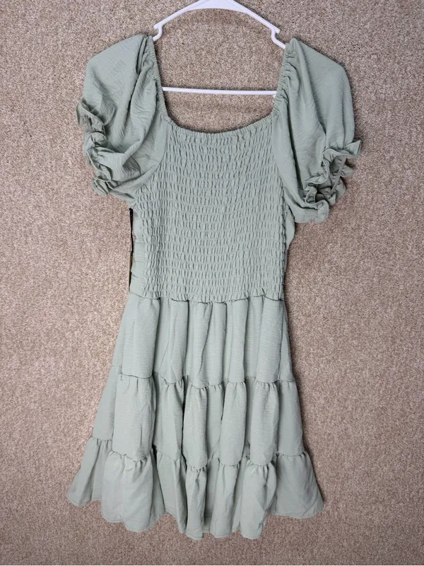 Liberty Love NWT Sage Green Tiered Puff Sleeve Smocked Mini Dress milk maid garden party med - Image 2
