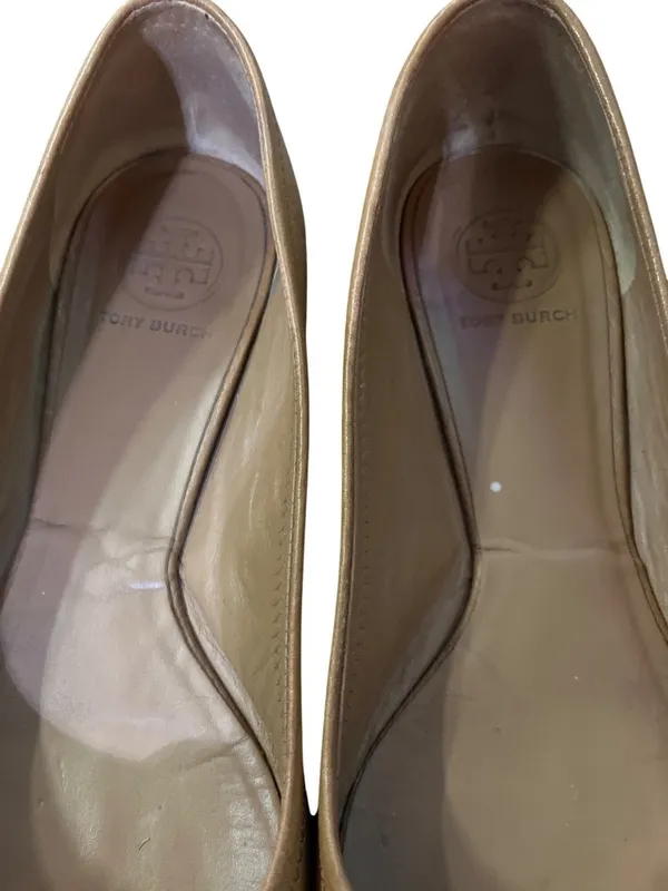 Tory Burch Reva Women’s 8.5 Royal Tan / Gold Metallic Leather Ballet Flats Used - Image 14