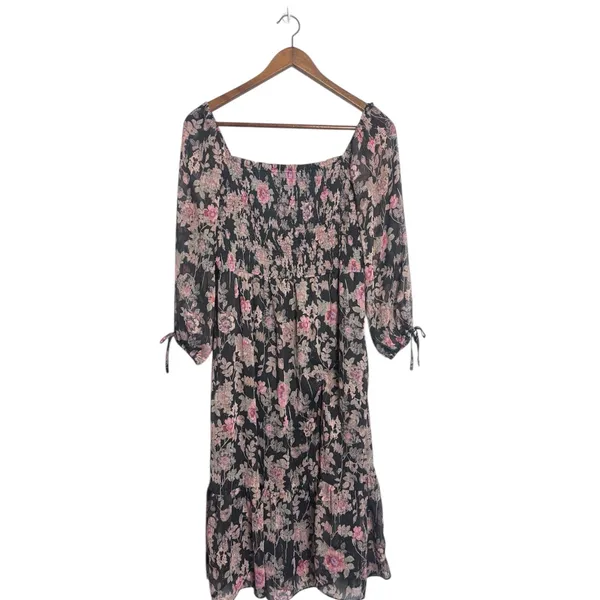 LC Lauren Conrad Black Pink Floral Cottage Romantic Smocked Bodice Midi Dress - Image 4