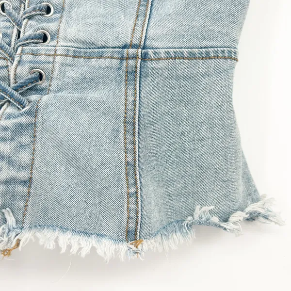 Forever 21 Womens Y2K Lace Up Raw Hem Denim Corset Tube Top Size‎ S Medium Wash - Image 2