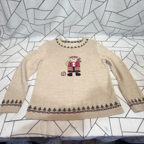 Christopher & Banks Sweater Medium Tan Santa Hand Embroidered‎ Christmas Holiday - Image 3